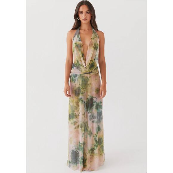 NWT Peppermayo Exclusive Elysia Rainforest Mesh Maxi Dress Halter Backless Sheer - Picture 1 of 16